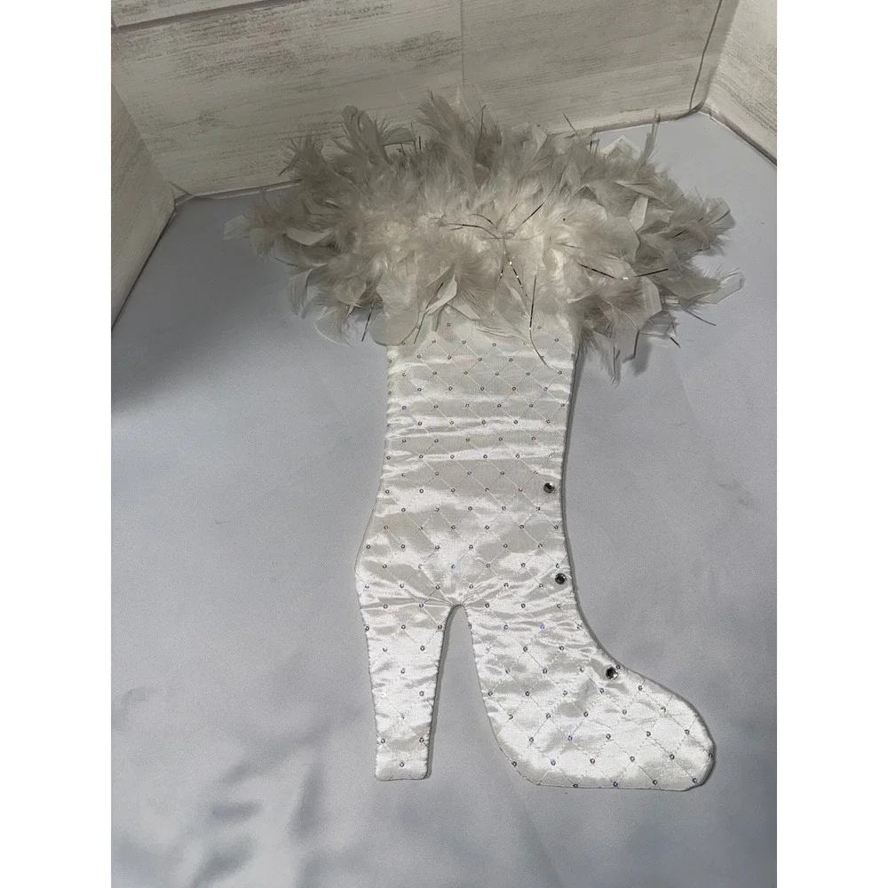 Lynn Allen Santa Baby High Heel Stiletto Christmas‎ Stocking White Satin Feather